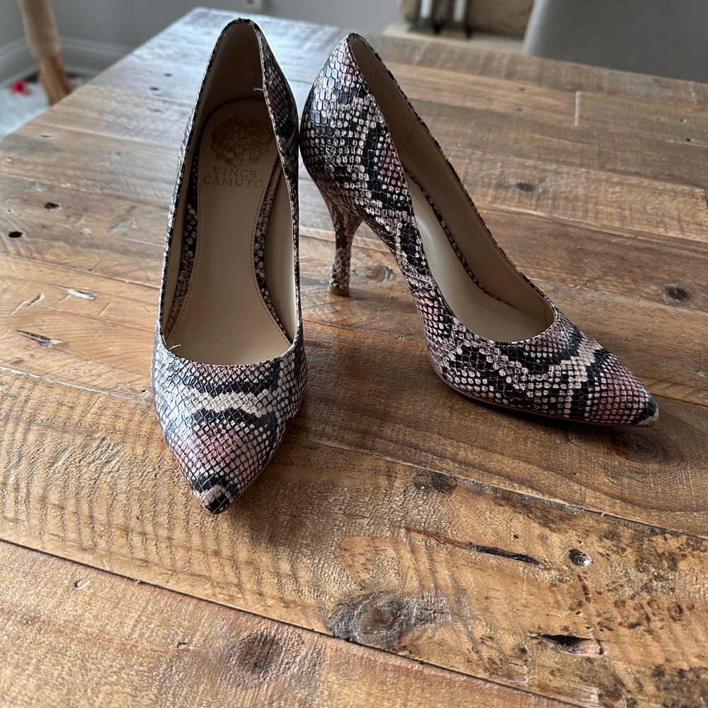 Vince Camuto Black and Gray and Pink Snake Print Heels